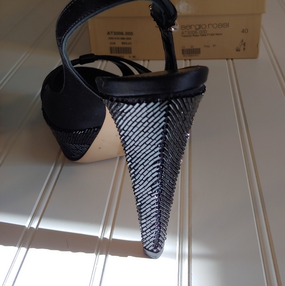 Sergio Rossi NWT Tessuto Raso Black Leather Slingback Platform Heels size 10 - Picture 9 of 15